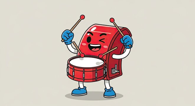 Cartoon marching snare drum character playing with sticks.