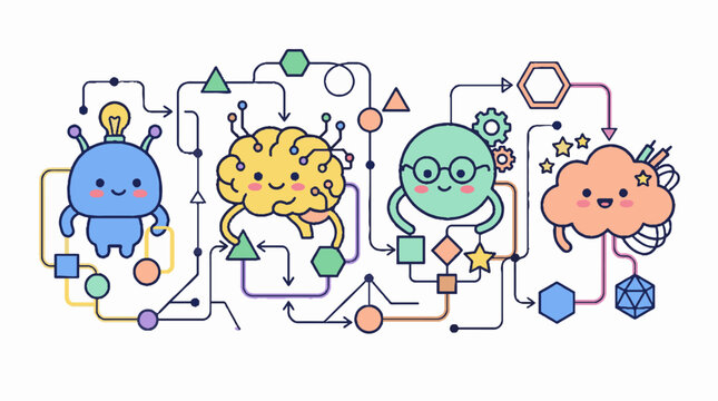 Cute cartoon illustration of artificial intelligence brain robot and cloud connected by flow chart lines.