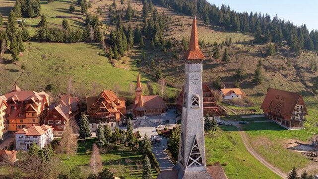 Aerial drone view of the Monastery Acoperamantul Maicii Domnului in Dorna Arini, Suceava County, Romania