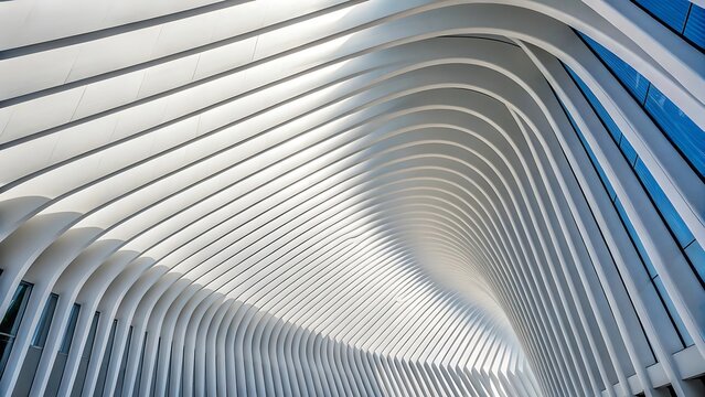 Striking architectural composition with flowing white structural curves and modern glass ceiling design