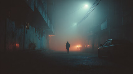 Fototapeta premium silhouette of man walking in foggy night