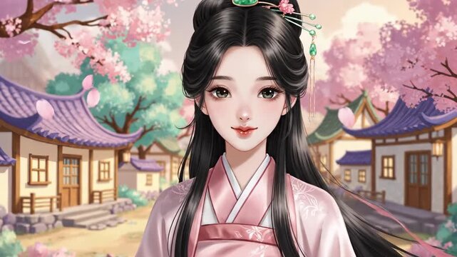 Asian woman in traditional hanfu dress standing in a cherry blossom garden chinese