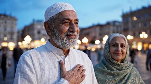 Elderly South Asian couple standing together in a public square during twilight, man smiling with hand on heart, woman gazing affectionately at him