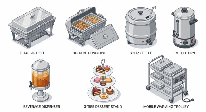 Isometric collection of professional catering and buffet equipment including chafing dishes soup kettle coffee urn and dessert stand
