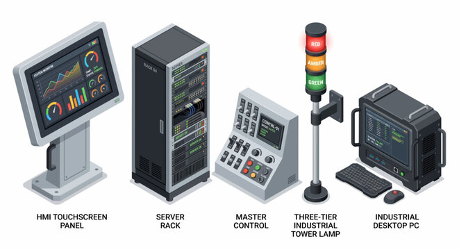 Isometric Industrial Control and Automation Equipment Set with HMI Panel Server Rack Master Control Tower Lamp and Rugged PC