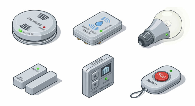 Isometric smart home security and automation devices set including sensors and controllers