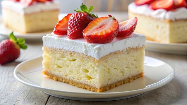 A single slice of tres leches cake adorned with strawberries on a white plate