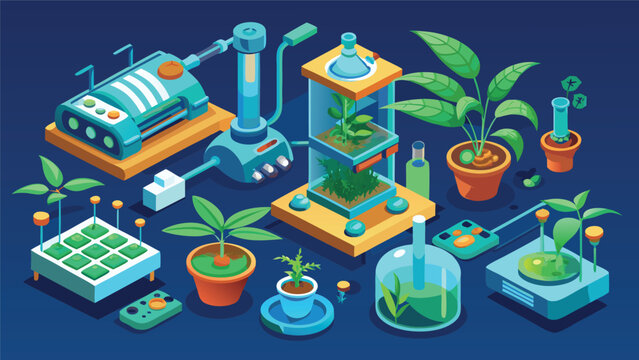 Advanced hydroponic laboratory equipment growing green plants in sterile scientific containers with clean lighting
