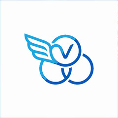 Naklejka premium Abstract blue logo with linked circles, wing, and checkmark.