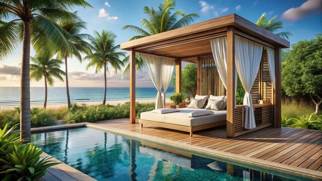 Photo of a luxurious beach cabana with a daybed and private plunge pool offers a tranquil escape