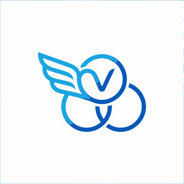 Abstract blue logo with linked circles, wing, and checkmark.