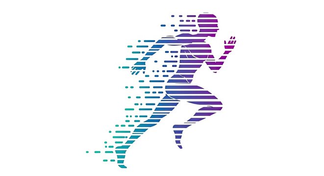 Digital running human figure logo with pixel glitch effect.