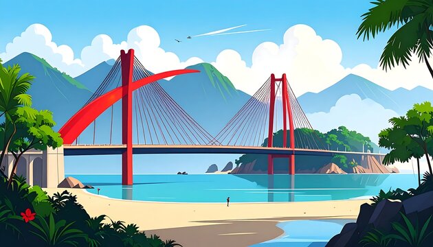 Vibrant, simplified bridge over turquoise water, with lush foliage, mountains, and bright sky
