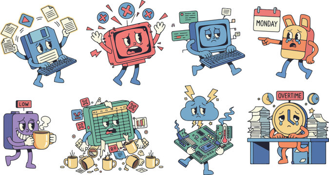 Retro Office Tech Character Sticker Collection for Corporate Stress and Overtime Work, Vintage Floppy Disk and Monitor Mascot Set, Vintage Vector Illustration Isolated on White