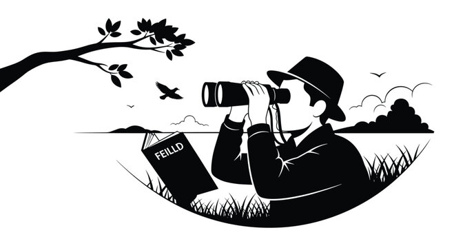 A focused birdwatcher silhouette uses binoculars to observe wildlife while a field guide book rests on the tall grass in a serene outdoor setting.