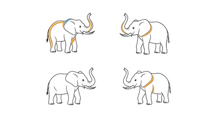 Obraz premium Four identical white elephant silhouettes with raised trunks and simple outlines featuring thin color accents on a white background.