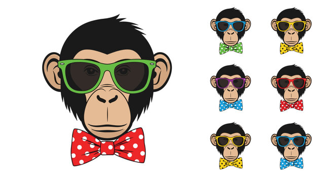 Fun chimpanzee head wearing green sunglasses and a red polka dot bowtie alongside several color variations of the icon.