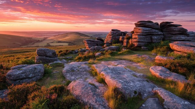 Golden hour sunset over Sourton Tor, Dartmoor National Park, Devon &acirc;&euro;&rdquo; moorland glow and granite tors at dusk