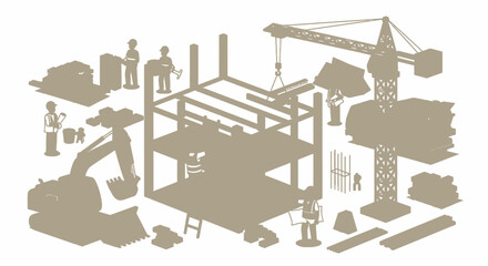 Obraz premium Silhouette of building construction site with workers and crane