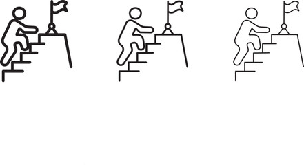 Fototapeta premium Person climbing stairs with a flag icon set. Progress and career growth icon. symbolizing goal achievement,