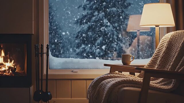 Cozy armchair by a fireplace, with a steaming mug by a snowy window