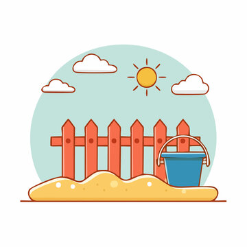 Cartoon illustration of a sandbox with a fence, bucket, sun, and clouds