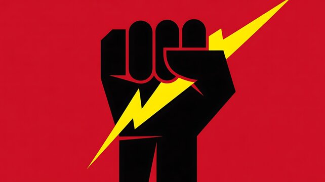 Revolutionary fist, raised hand, yellow lightning bolt, protest symbol, activism icon