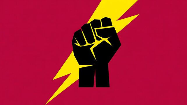 Protest, revolution, power, fist, yellow lightning bolt, red background