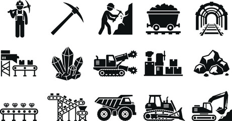 Coal and Diamond Mining Industry Vector Icon Set Featuring Black Silhouette Shapes of Miners Machinery Conveyor Belts Crystals and Heavy Equipment for Industrial LayoutsCoal and Diamond Mining Industr © Sonjoy