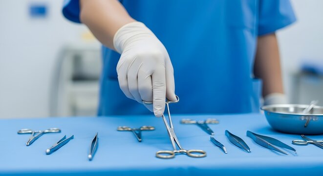 Surgical instruments on a blue table in an operating room