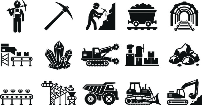 Coal and Diamond Mining Industry Vector Icon Set Featuring Black Silhouette Shapes of Miners Machinery Conveyor Belts Crystals and Heavy Equipment for Industrial LayoutsCoal and Diamond Mining Industr