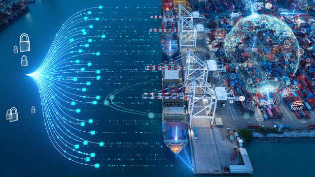 Glowing AI brain, digital data streams, and security padlocks overlaid on a commercial cargo container port. Smart maritime logistics, artificial intelligence supply chain, and secure global trade
