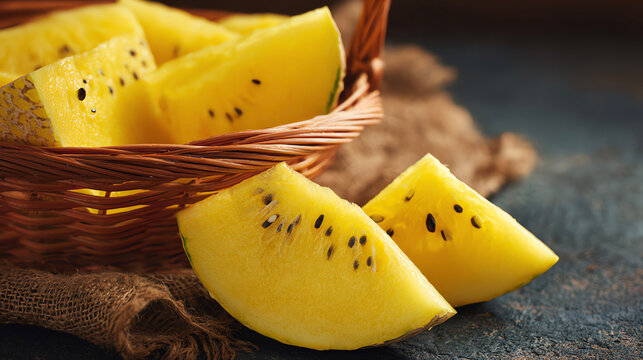 Yellow watermelon, sliced ​​watermelon in summer