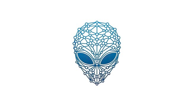 Geometric blue wireframe alien head logo on white background.