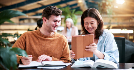 People, students and tablet on campus for collaboration, exam preparation and discussion. Friends, tech and textbook for study group, knowledge and research for test or assignment info for project © peopleimages.com