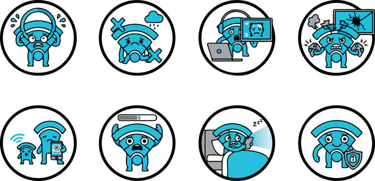 Kawaii Wifi Sign Character Sticker Bundle for Slow Internet Connection and Network Error Concepts, Cute Router Signal Mascot Badges for Remote Work Failures, Vector Graphic Isolated on White