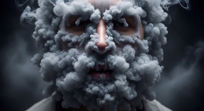 Smoke Man Face Portrait Closeup.