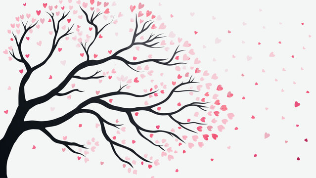 Beautiful vector illustration of a tree with pink hearts falling from its branches on a white background, symbolizing love and affection in a creative and romantic design.