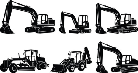 Heavy Construction Machinery Vector Icon Set Featuring Black Silhouette Shapes of Crawler Excavators Motor Grader and Backhoe Loader for Industrial Site LayoutsHeavy Construction Machinery Vector Icon © Sonjoy