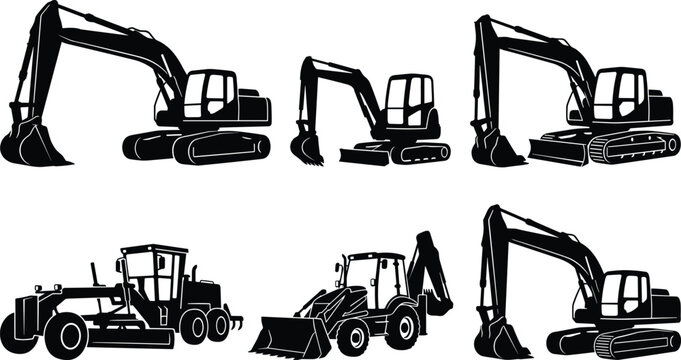 Heavy Construction Machinery Vector Icon Set Featuring Black Silhouette Shapes of Crawler Excavators Motor Grader and Backhoe Loader for Industrial Site LayoutsHeavy Construction Machinery Vector Icon