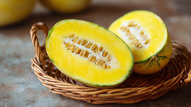 Yellow cantaloupe, sliced ​​cantaloupe in summer