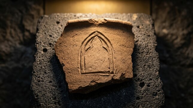 Ancient Stone Tablet with Carved Arch Symbol
