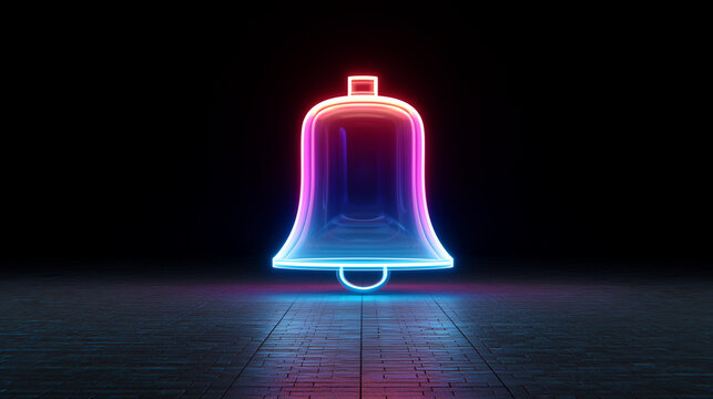 A neon outlined bell icon glows in vibrant pink, purple, and blue against a dark background, reflecting on a futuristic, dark metallic surface
