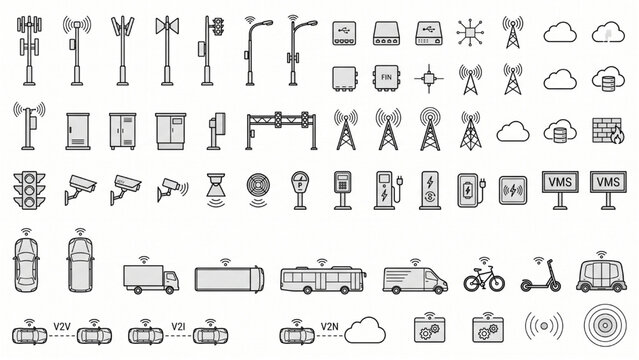 Top View V2X Communication Infrastructure CAD Symbols, Connected Mobility Roadside Units, Intelligent Transport Network Engineering Vector Set