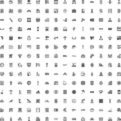 Fototapeta premium Set of simplified outline icons representing various objects, activities, and concepts like travel, business, technology, food, and everyday items on a plain background