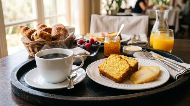 Commercial high-fidelity food photography of a comprehensive Brazilian breakfast platter served on a tray &ndash; premium hotel room service advertising, morning bed and breakfast catering, and editorial ca