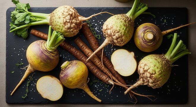 Assortment of Fresh Root Vegetables on Dark Background Close Up View for Healthy Culinary Dishes