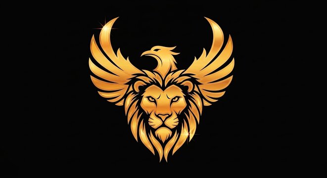 Golden phoenix lion hybrid head logo on black.