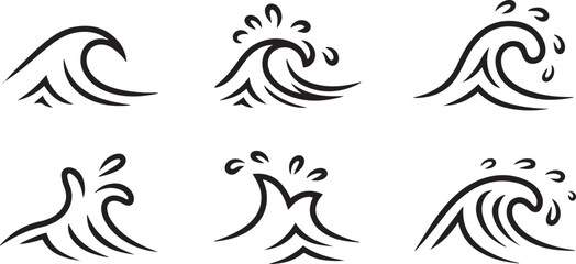 Fototapeta premium Waves of ocean water line icons set of sea tide splashes .Silhouette vector illustration