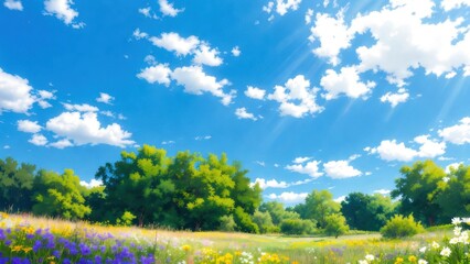 Fototapeta premium Flower meadow blooming near green trees under blue sky